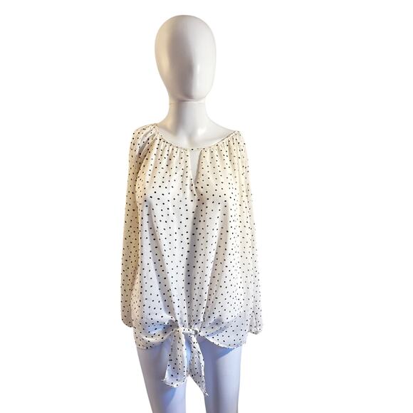 Women’s Large White Polka Dot Blouse Tie Front Long Sleeve - Picture 1 of 7